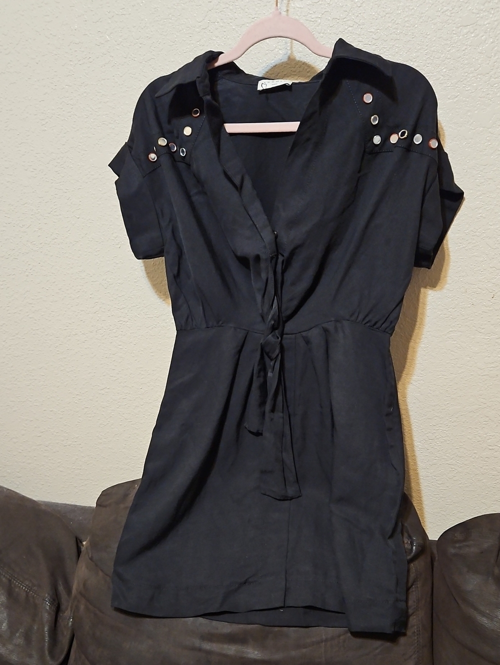 Sandro Paris Linen Blend Black Short-Sleeve Tie-Front Dress with Grommet Detail